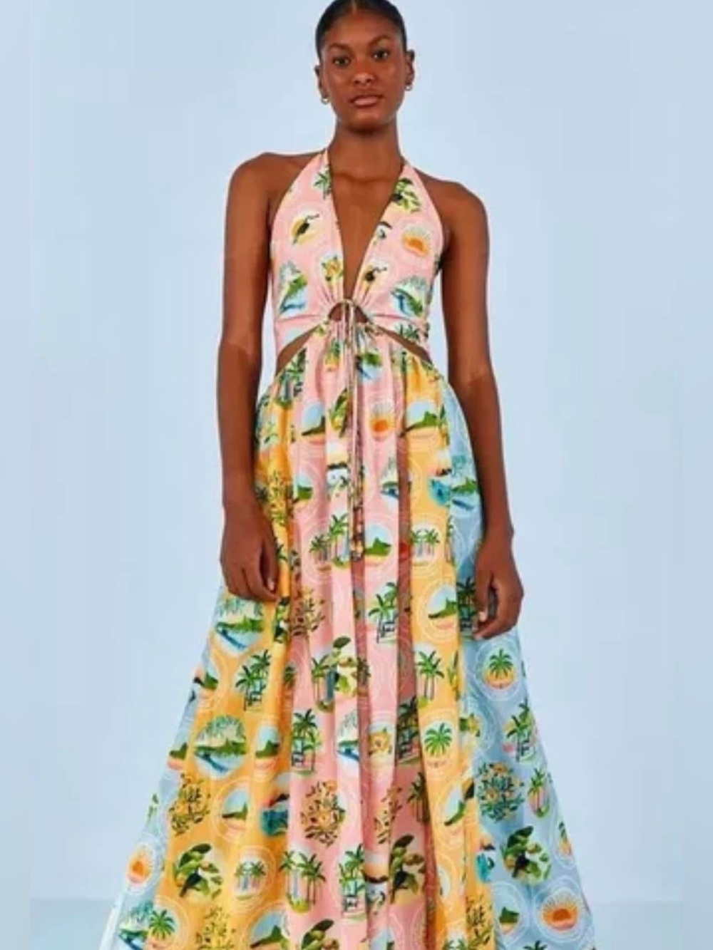 FARM Rio Pink, Yellow & Blue Halter Cutout Maxi Dress